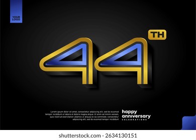 Diseño elegante del número 44 3D en azul y oro para la celebración moderna del aniversario en fondo oscuro