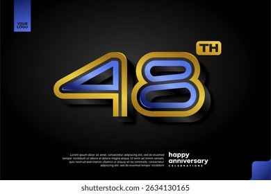 Diseño elegante del número 48 3D en azul y oro para la celebración moderna del aniversario en fondo oscuro