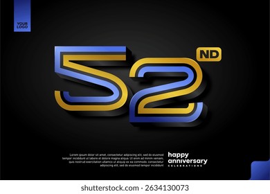 Diseño elegante del número 52 3D en azul y oro para la celebración moderna del aniversario en fondo oscuro