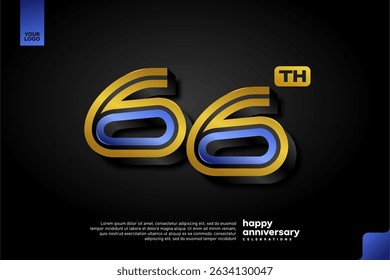 Design elegante 3D número 66 em azul e ouro para a celebração de aniversário moderna no fundo escuro