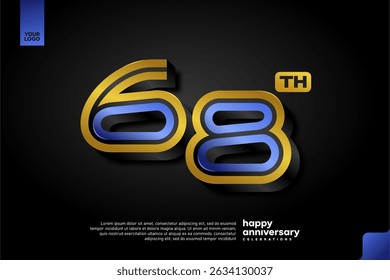 Diseño elegante del número 68 3D en azul y oro para la celebración moderna del aniversario en fondo oscuro