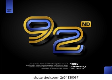 Design elegante 3D número 92 em azul e ouro para a celebração de aniversário moderna no fundo escuro
