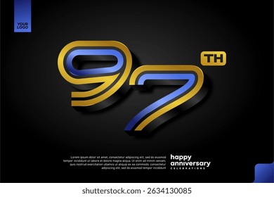 Design elegante 3D número 97 em azul e ouro para a celebração de aniversário moderna no fundo escuro