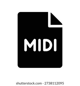 Sleek 3D rendered black glossy MIDI file icon with white text, ideal for music production and digital audio software interfaces.