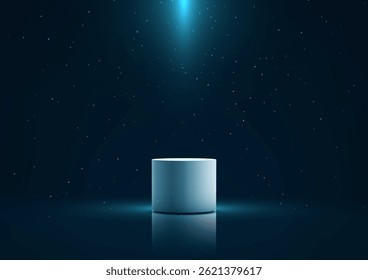 Sleek 3d white cylinder podium on a reflective surface under a spotlight, set against a dark blue starry background. tech mockups, product displays, and futuristic presentations