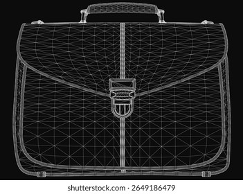 A sleek 3D wireframe briefcase model stands out against a black background, featuring realistic contours and detailed edges. The transparent design highlights the bag's structure while maintaining