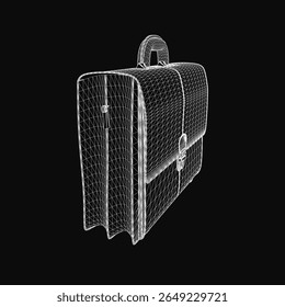 A sleek 3D wireframe briefcase model stands out against a black background, showcasing realistic details and professional design. The transparent mesh structure highlights the suitcase's contours.