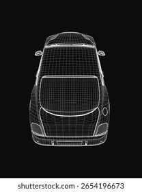 Ein schlankes 3D-Drahtmodell zeigt komplizierte strukturelle Details auf dunklem Hintergrund. Das durchsichtige Netz zeigt das Gerüst des Fahrzeugs und hebt dessen aerodynamisches Design hervor.