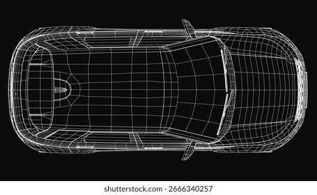 Ein schlankes 3D-Drahtmodell eines Autos, das auf schwarzem Hintergrund dargestellt wird, unterstreicht das komplizierte Innendesign. Die transparente Struktur zeigt detaillierte Sitze, Armaturenbrett und Lenkrad.