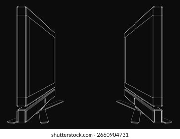 A sleek 3D wireframe model of a flat screen TV stands out against a black background. The monoblock design features clean line art with precise screen dimensions visible.
