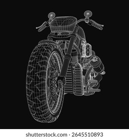 A sleek 3D wireframe model of a motorcycle, showcasing intricate design details against a black background. The transparent mesh structure highlights the bike's frame, wheels, and mechanical.