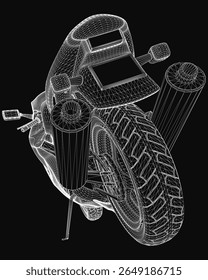 A sleek 3D wireframe model of a sports motorcycle on a black background, featuring detailed handlebars, a textured seat, and intricate wheel designs. The futuristic aesthetic highlights the bike's.