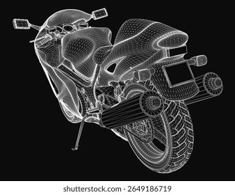 A sleek 3D wireframe model of a sports motorcycle, rendered in high detail against a black background. The design highlights the bike's aerodynamic curves and mechanical structure