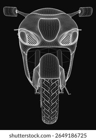 A sleek 3D wireframe model of a sports motorcycle features intricate details like headlights, handlebars, and wheels against a black background. The design highlights the bike's dynamic structure.