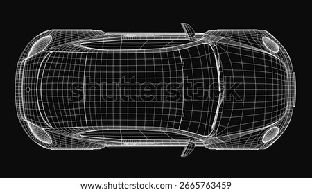 A sleek 3D wireframe model of a sports car displayed on a black background highlights its aerodynamic design and structural details. The blueprint-style rendering showcases precise contours.