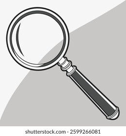 A sleek, 3D-rendered search icon featuring a magnifying glass with a rounded handle and a smooth glass-like lens. The handle is slightly tilted to the right, giving it depth. 