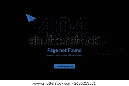 A sleek 404 error page design featuring glowing blue typography and graphics on a dark theme.


