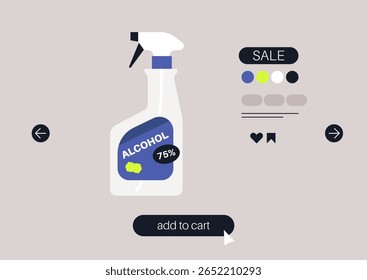 Uma elegante garrafa de spray de álcool 75 por cento é destaque contra um fundo neutro suave, complementado por botões interativos para compras e detalhes promocionais guiando os usuários