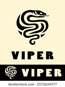 A sleek abstract black logo of a coiled viper with a striking pose