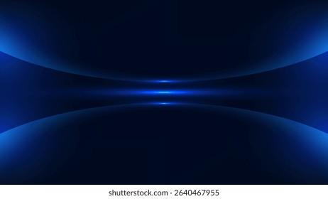 sleek abstract dark blue background with glowing curved forms converging into a bright luminous horizontal line, futuristic tech, sci fi, and digital design projects