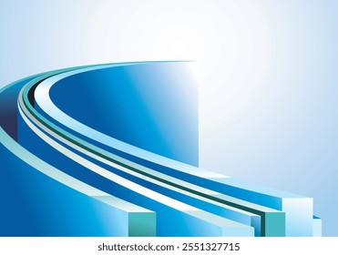 A sleek abstract design featuring blue curved lines converging towards a bright white light.