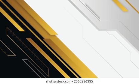 A sleek abstract design featuring bold black, gold, and white geometric layers with clean lines.

