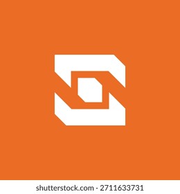 Emblema geométrico elegante y abstracto con Formas blancas entrelazadas con un elemento central sobre un vibrante fondo naranja, que transmite profesionalismo moderno e innovación digital