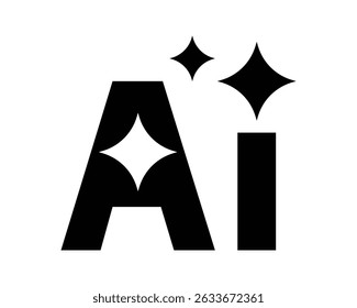 Sleek AI symbol. Black letters with shining stars, tech concept. Good for technology, innovation, future, software, and creative projects. Clean, modern graphic style.