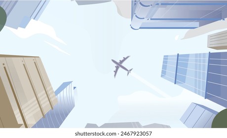 A sleek airplane soaring through a bright sky, framed by towering modern skyscrapers. This minimalist vector design captures an urban skyline with a sense of motion and adventure.