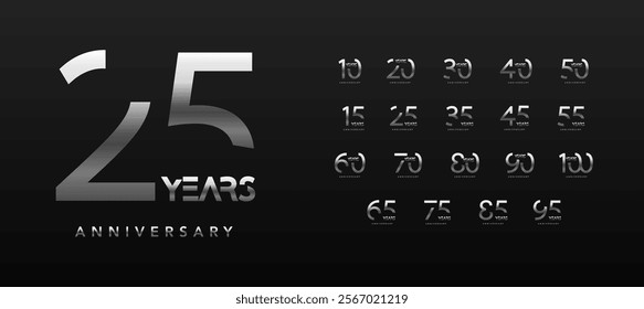 Sleek anniversary numbers with metallic gradient effect on dark background, marking milestones from 10 to 100 years. Perfect for corporate branding or commemorative events. Vector illustration.