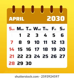 Sleek April 2030 calendar featuring a soft pastel theme. Perfect for planning holidays, scheduling meetings, and staying productive.