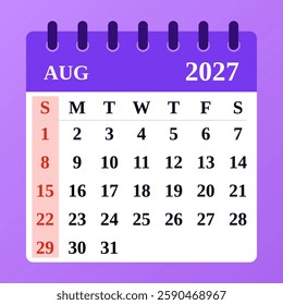 Sleek August 2027 calendar with a functional layout. Great for planning, scheduling, and organizing important dates.

