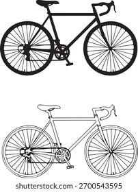 Elegante ilustração de bicicleta com versão de contorno. Excelente para entusiastas de ciclismo, promoções de fitness ou adicionar um toque esportivo aos seus projetos. Moderno e limpo.