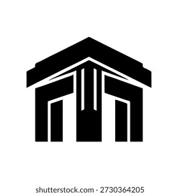 Logotipo arquitetônico abstrato preto elegante que se assemelha a um edifício moderno com linhas fortes em um fundo branco.