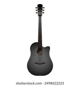 Sleek black acoustic guitar isolated on a pure white background, ideal for music themed designs