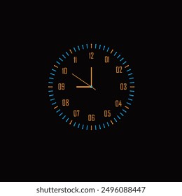 Sleek black analog watch with vibrant blue and orange markers and hands, encased in a glossy frame with triangular decorative elements. Ideal for modern design, technology, and fashion projects.