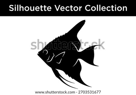 A sleek black angelfish silhouette, showcasing its distinctive triangular body, large flowing fins, and a simple white circular eye.