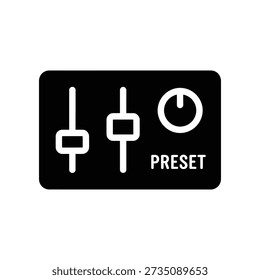 A sleek black audio mixer control panel with white faders and a preset button, ideal for music production and sound engineering.