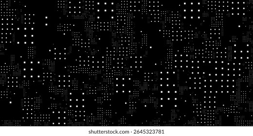 A sleek black background with a scattered pattern of white geometric shapes, ideal for modern tech designs, minimalist art, or digital presentations.