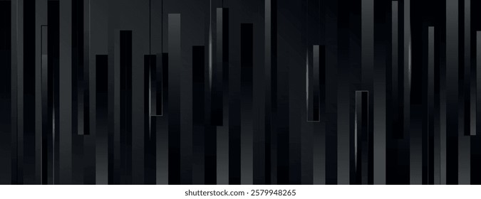 A sleek black background with vertical lines. The black background features a modern, glossy texture with varying shades of black. Surreal geometric bar pattern background. Black background vector.