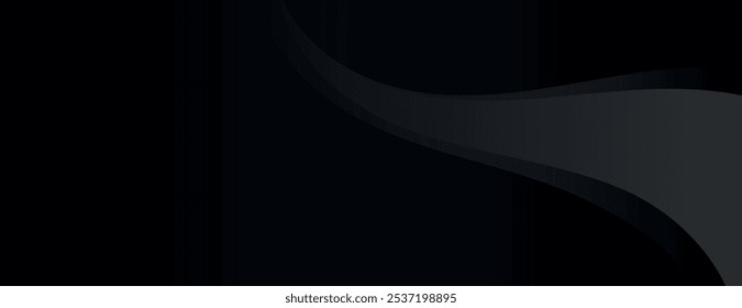 Sleek black background with a wavy gradient. The black background features smooth, flowing lines adding depth and elegance. Minimal abstract gradient curve vector background