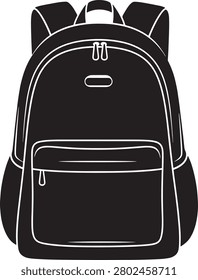 A sleek black backpack featuring a large main compartment and a front pocket with a zipper closure, ideal for school or travel use.