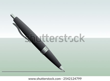 A sleek black ballpoint pen with metallic accents set against a light green gradient background, positioned as if writing. Ideal for use in designs related to business, education, and writing tools.