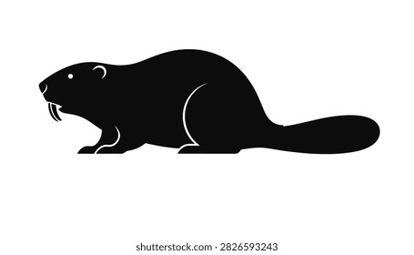 Sleek black beaver silhouette graphic showing detailed long front teeth and wide tail on white background.