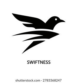 A sleek black bird in flight with dynamic speed lines, conveying swiftness and agility, on a clean white background.