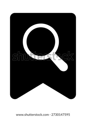 A sleek black bookmark icon featuring a magnifying glass, symbolizing search or discovery.