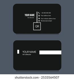 Sleek black business card template with white text, rounded corners, and placeholders for name, title, contact details, and logo. Modern and professional.