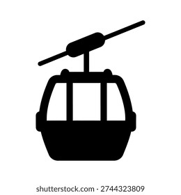 A sleek black cable car silhouette with transparent windows suspended from a cable, set against a clean white background.