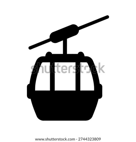 A sleek black cable car silhouette with transparent windows suspended from a cable, set against a clean white background.