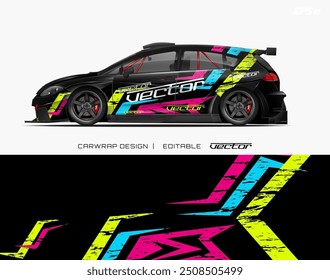 Sleek black car with vibrant geometric design, perfect for showcasing car wrap designs or advertising services. Ideal for branding projects.